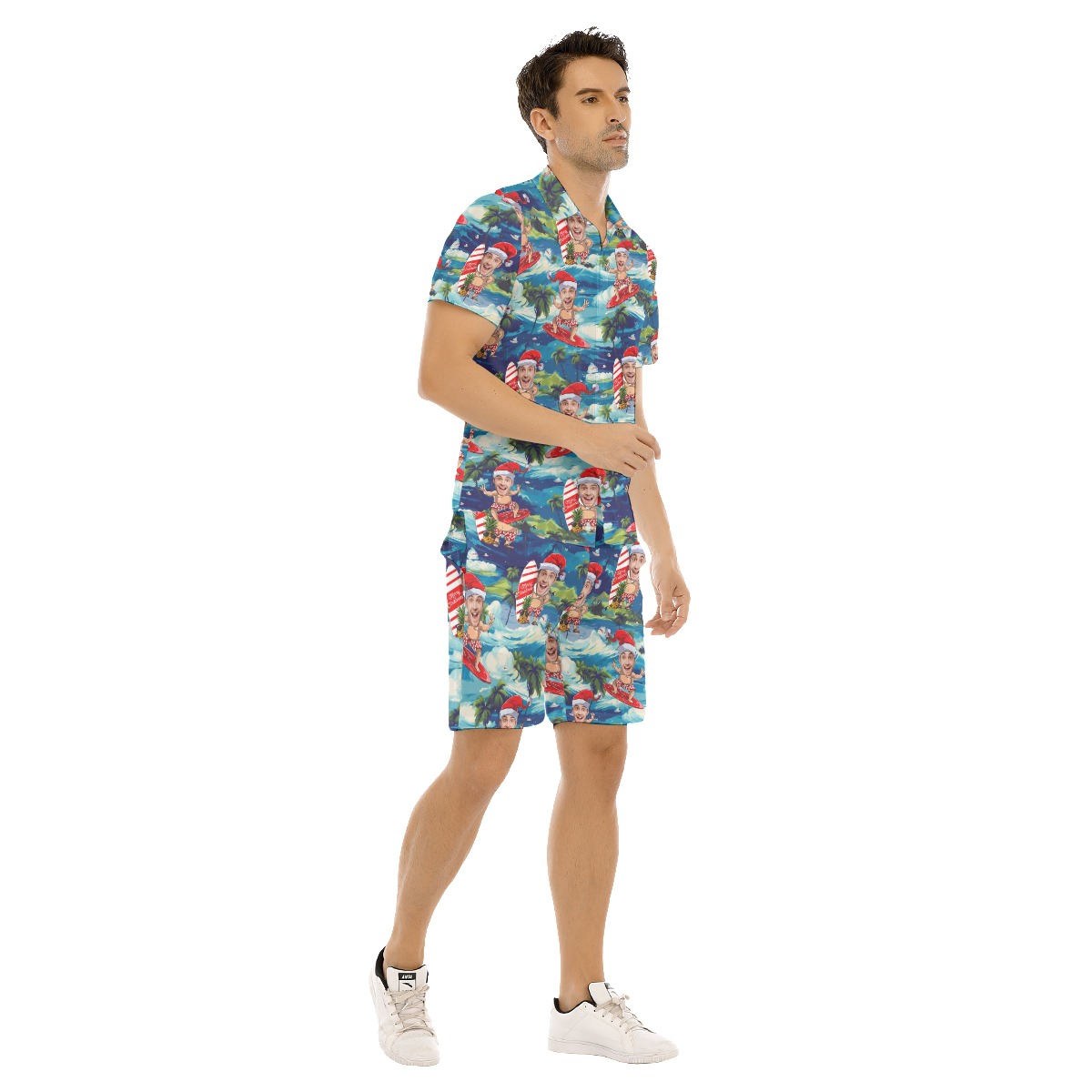 Set Tropical Custom Face Santa Surfing Hawaiian Shirt And Matching Shorts For Men