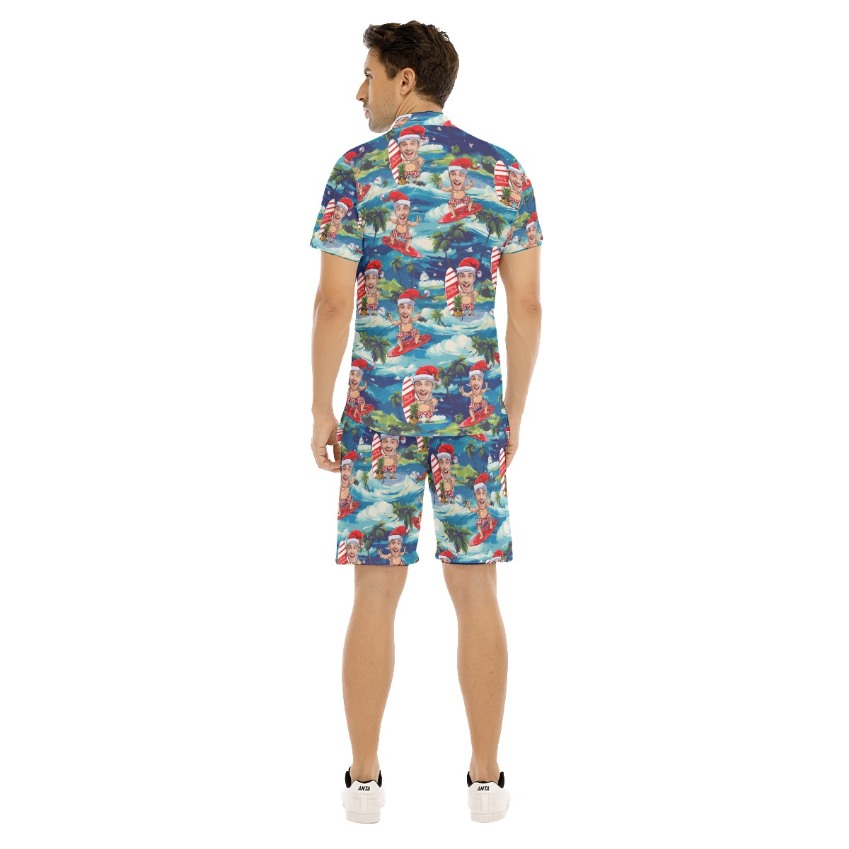 Set Tropical Custom Face Santa Surfing Hawaiian Shirt And Matching Shorts For Men