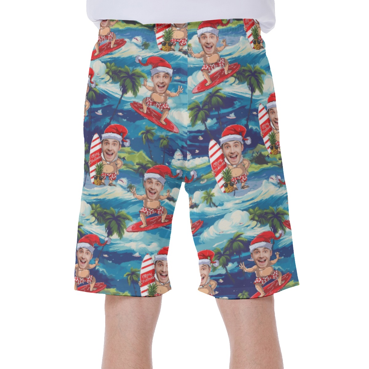Funny Custom Face Santa Surfing Tropical Hawaiian Swim Trunks For Summer
