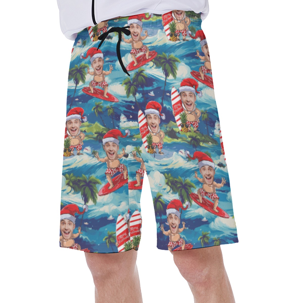 Funny Custom Face Santa Surfing Tropical Hawaiian Swim Trunks For Summer