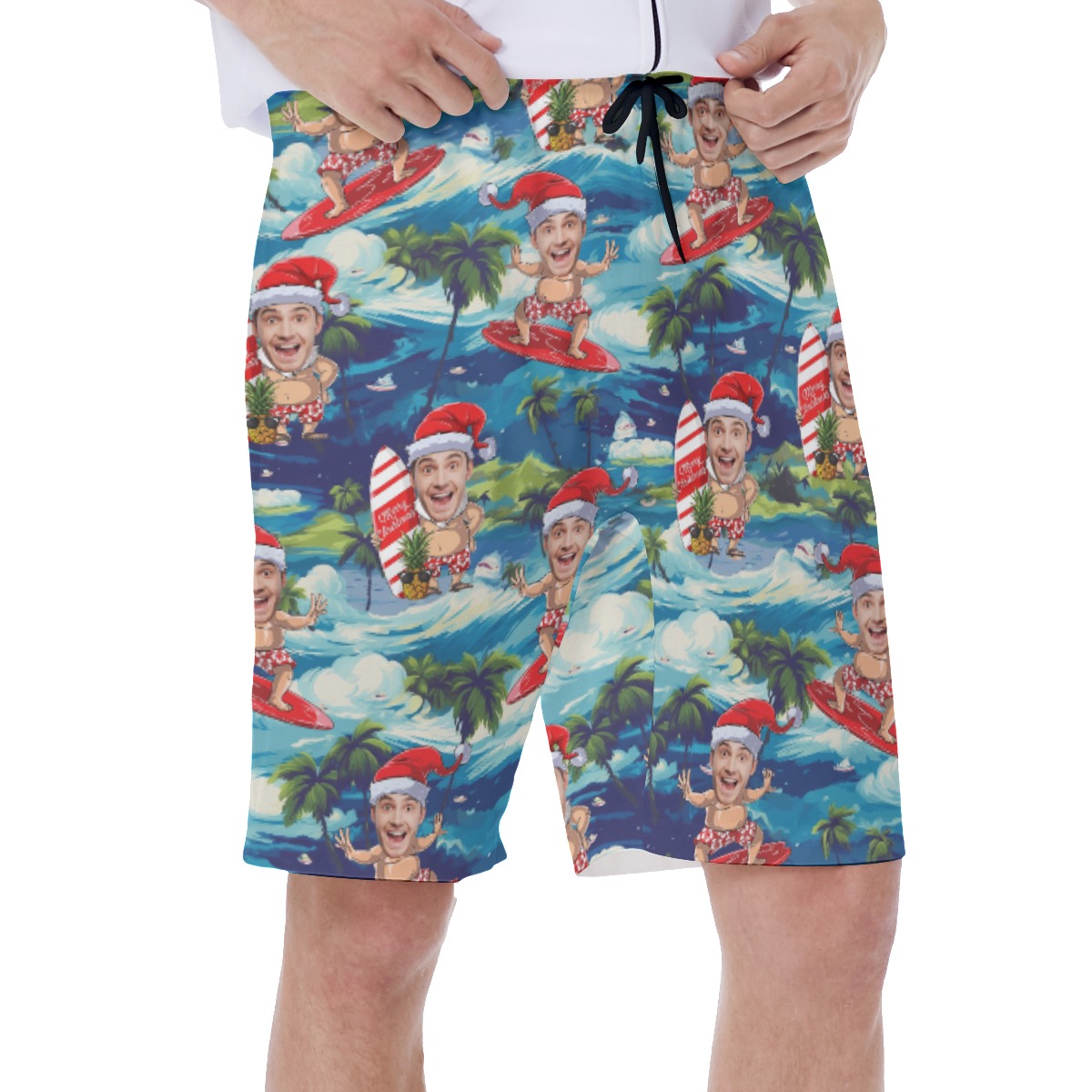 Funny Custom Face Santa Surfing Tropical Hawaiian Swim Trunks For Summer