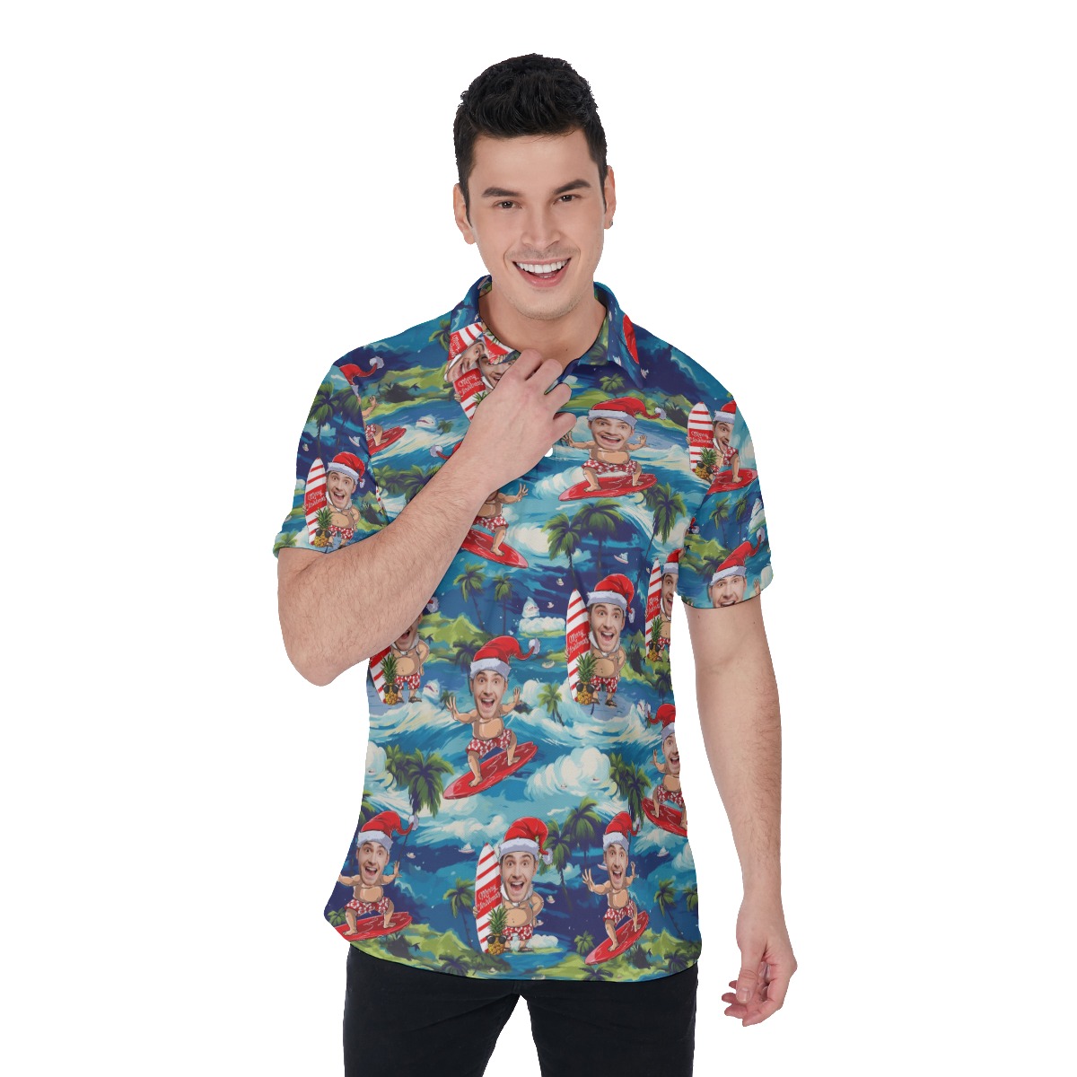 Funny Santa Surfing Tropical Custom Face Hawaiian Men's Polo Shirt - variant image 1