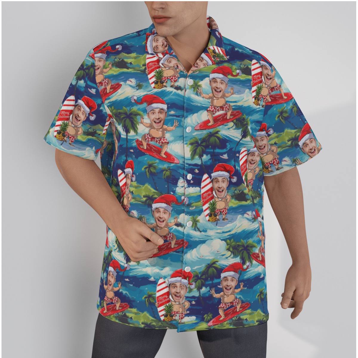Funny Custom Face Santa Surfing Tropical Hawaiian Shirt - variant image 1
