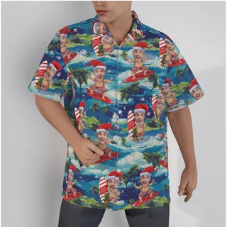 Funny Custom Face Santa Surfing Tropical Hawaiian Shirt