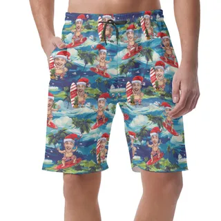 Tropical Santa Surfing Custom Face Tropical Summer Shorts For Men