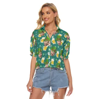 St Patrick Day Custom Face Beer Hawaiian Cropped Shirt For Women
