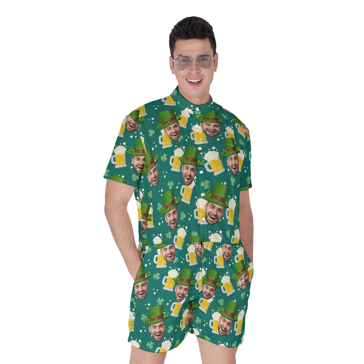 Funny Custom Face Beer St Patrick Hawaiian Romper - variant image 1