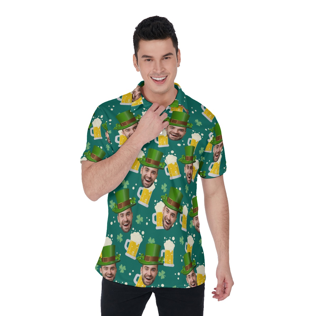St Patrick Day Custom Face Beer Green Hawaiian Polo Shirt - variant image 1
