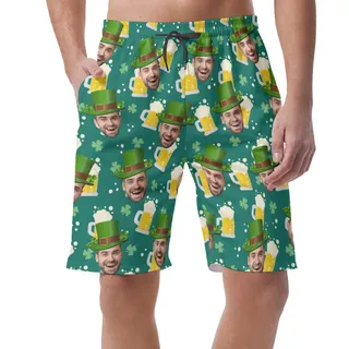 Funny Custom Face Beer Green Hawaiian Beach Shorts For Men