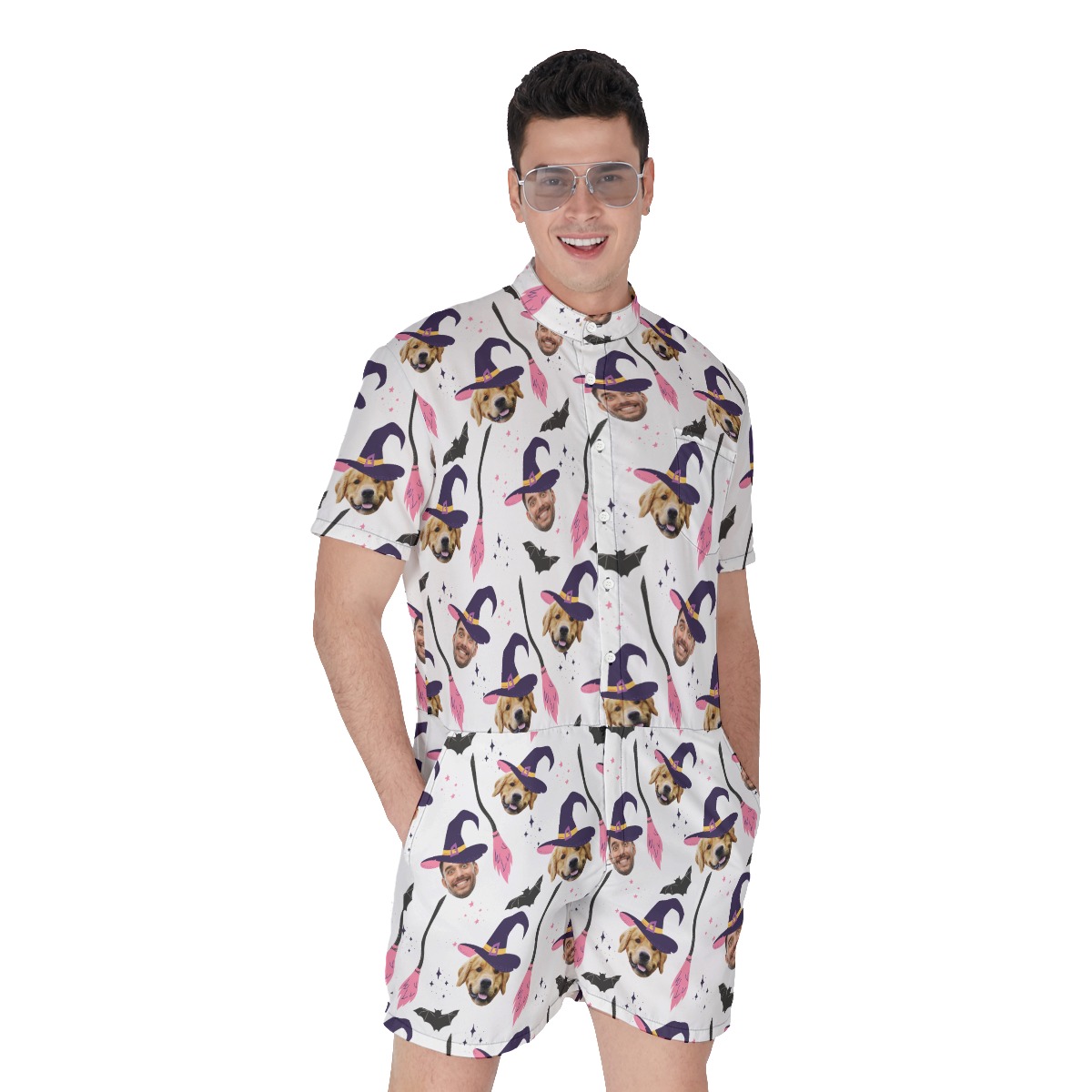 Custom Witches Face Halloween Hawaiian Romper For Men - variant image 1