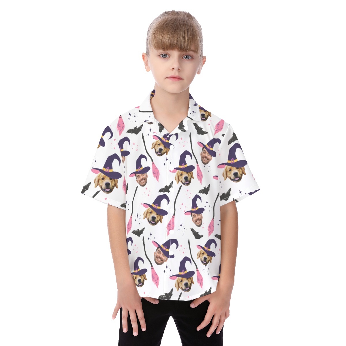 Funny Custom Face And Pet Halloween Witches Hawaiian Shirt For Kids - variant image 1
