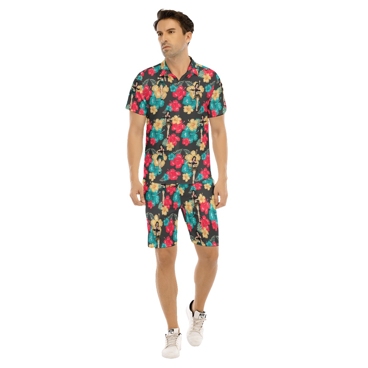 Tropical Hula Girl With Guns Hawaiian Shirt Set For Men - variant image 1