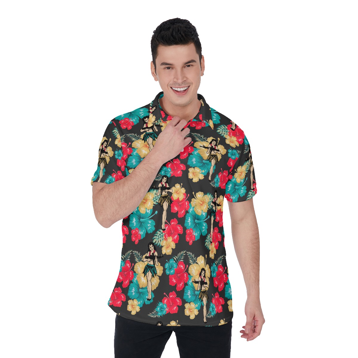 Tactical Hula Girl With Guns Hawaiian Polo Shirt For Men - variant image 1