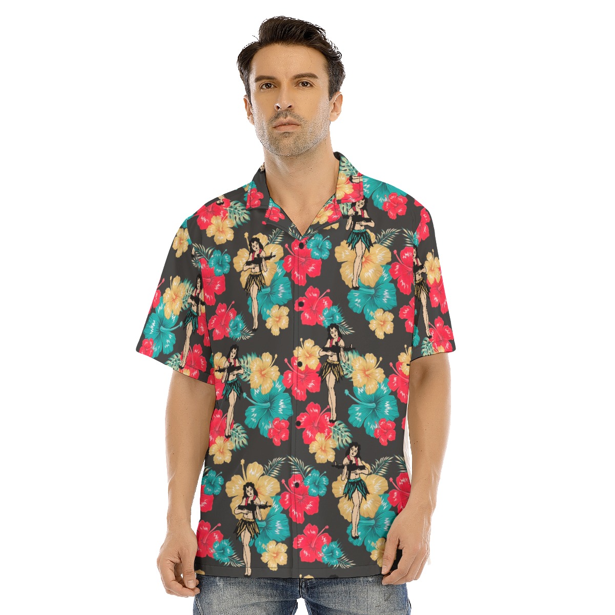 Men's Tactical Hula Girl Button Up Hawaiian Shirt - variant image 1