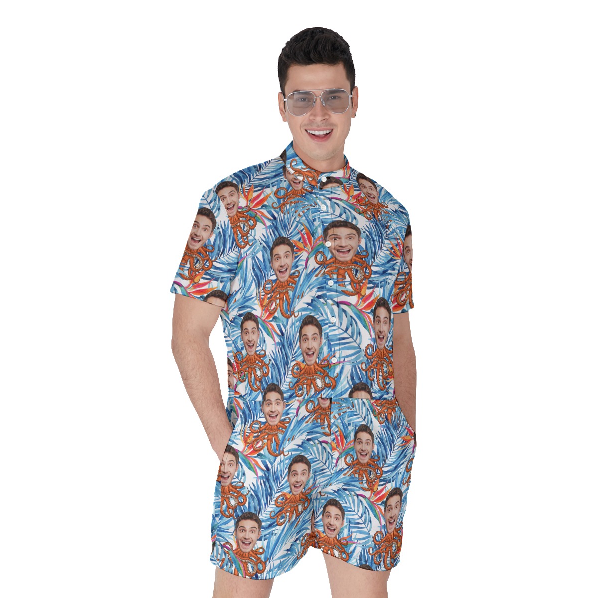 Floral Custom Face Octopus Hawaiian Romper For Men - variant image 1