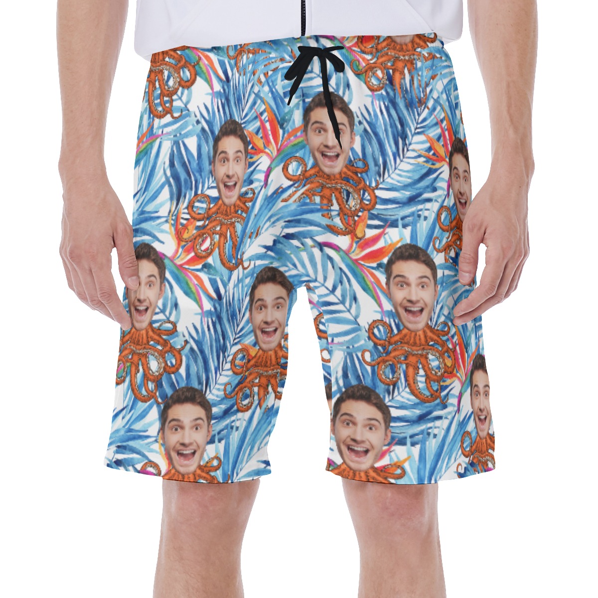 Funny Custom Face Octopus Floral Blue Hawaiian Swim Trunks For Men - variant image 1
