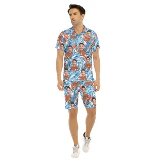 Set Custom Face Octopus Floral Blue Hawaiian Collared Shirt And Shorts For Men