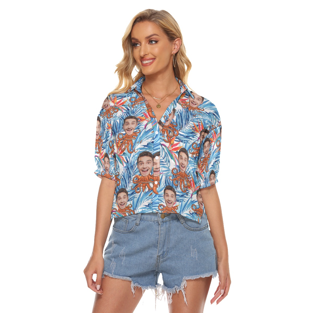 Tropical Octopus Hawaiian Crop Top With Custom Face - variant image 1