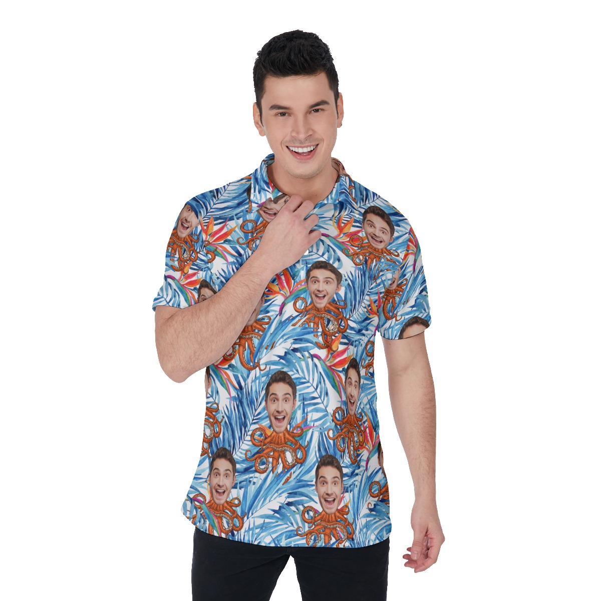 Floral Custom Face Octopus Blue Hawaiian Men's Polo Shirt - variant image 1
