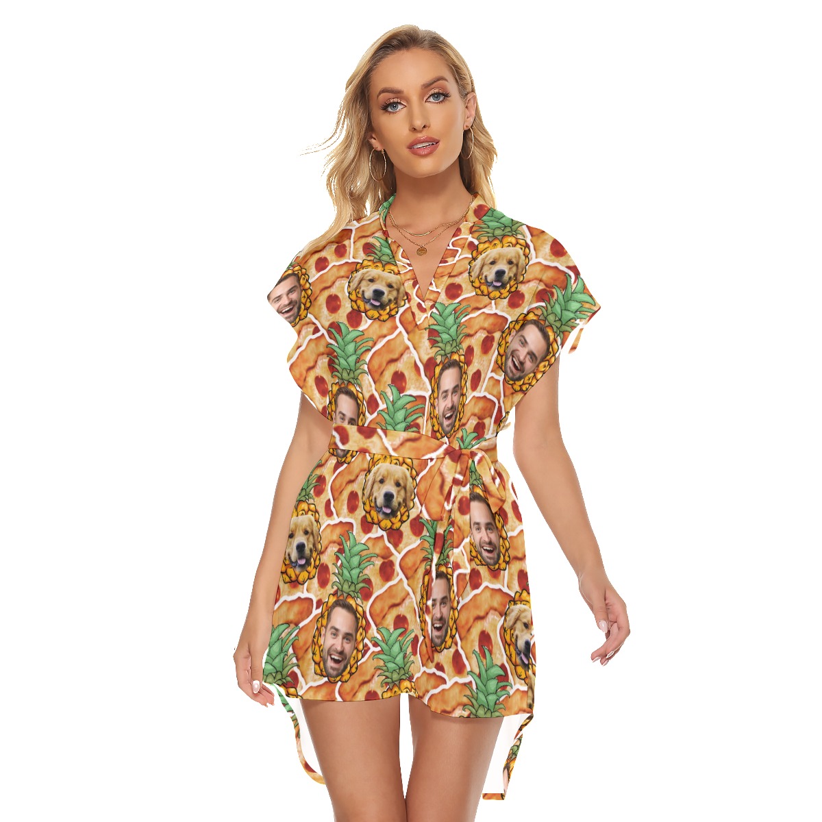 Funny Custom Face Pet And Owner Pizza Hawaiian Dress - variant image 1