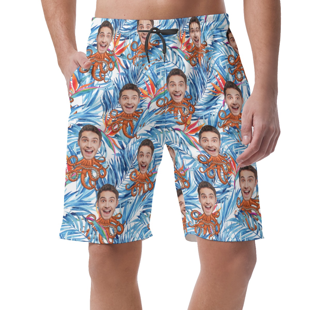 Custom Floral Octopus Hawaiian Beach Shorts With Face - variant image 1