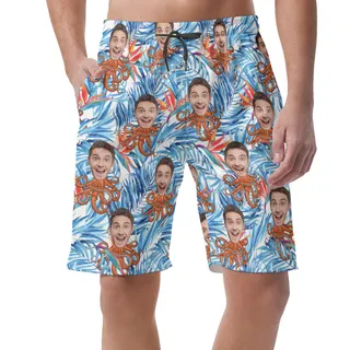 Custom Floral Octopus Hawaiian Beach Shorts With Face