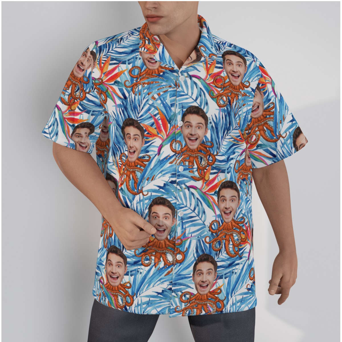Custom Face Octopus Floral Blue Hawaiian Shirt - variant image 1