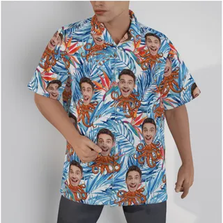 Custom Face Octopus Floral Blue Hawaiian Shirt