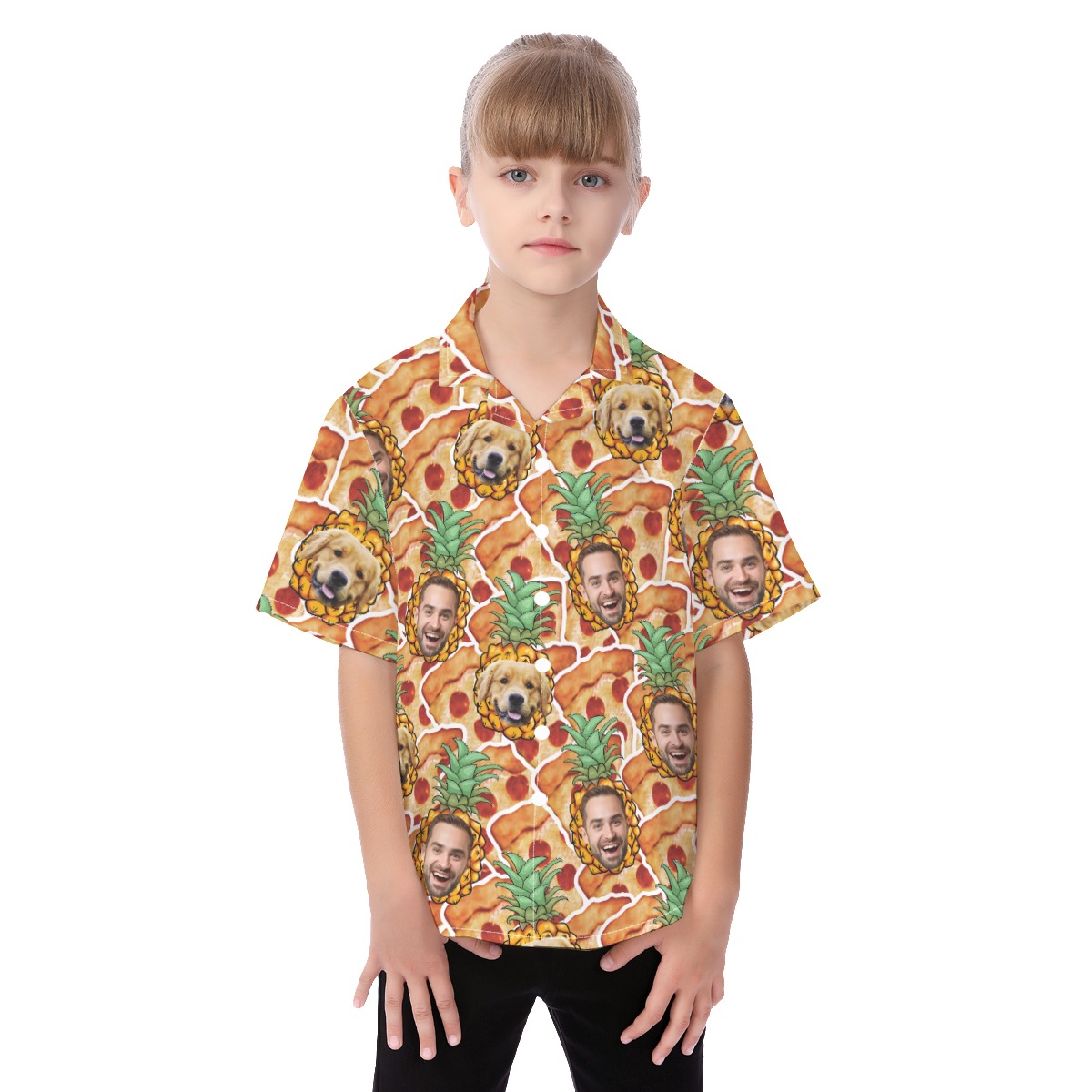 Custom Photo Face Pineapple Pizza Button Up Shirt For Kids - variant image 1