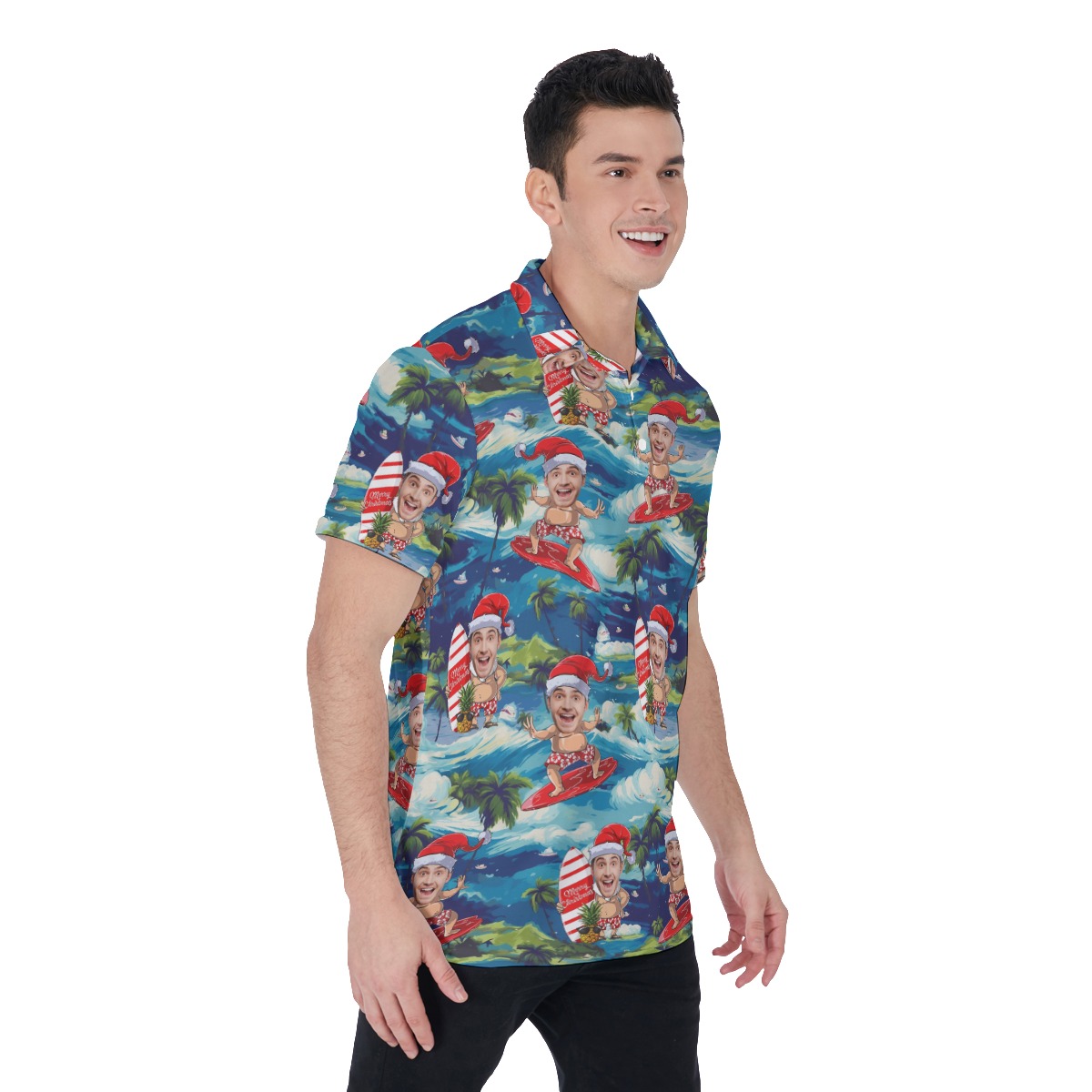 Funny Santa Surfing Tropical Custom Face Hawaiian Men's Polo Shirt