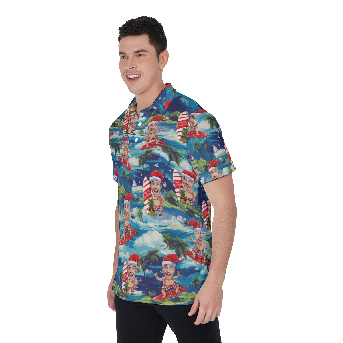 Funny Santa Surfing Tropical Custom Face Hawaiian Men's Polo Shirt