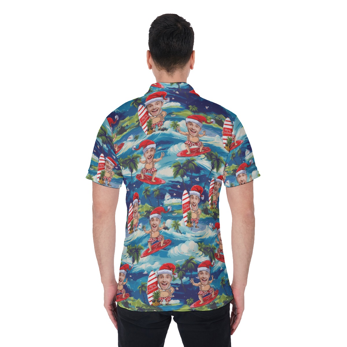 Funny Santa Surfing Tropical Custom Face Hawaiian Men's Polo Shirt