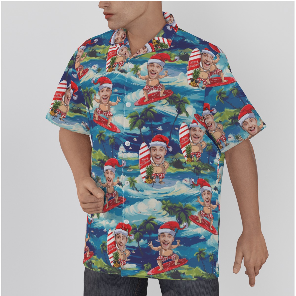 Funny Custom Face Santa Surfing Tropical Hawaiian Shirt