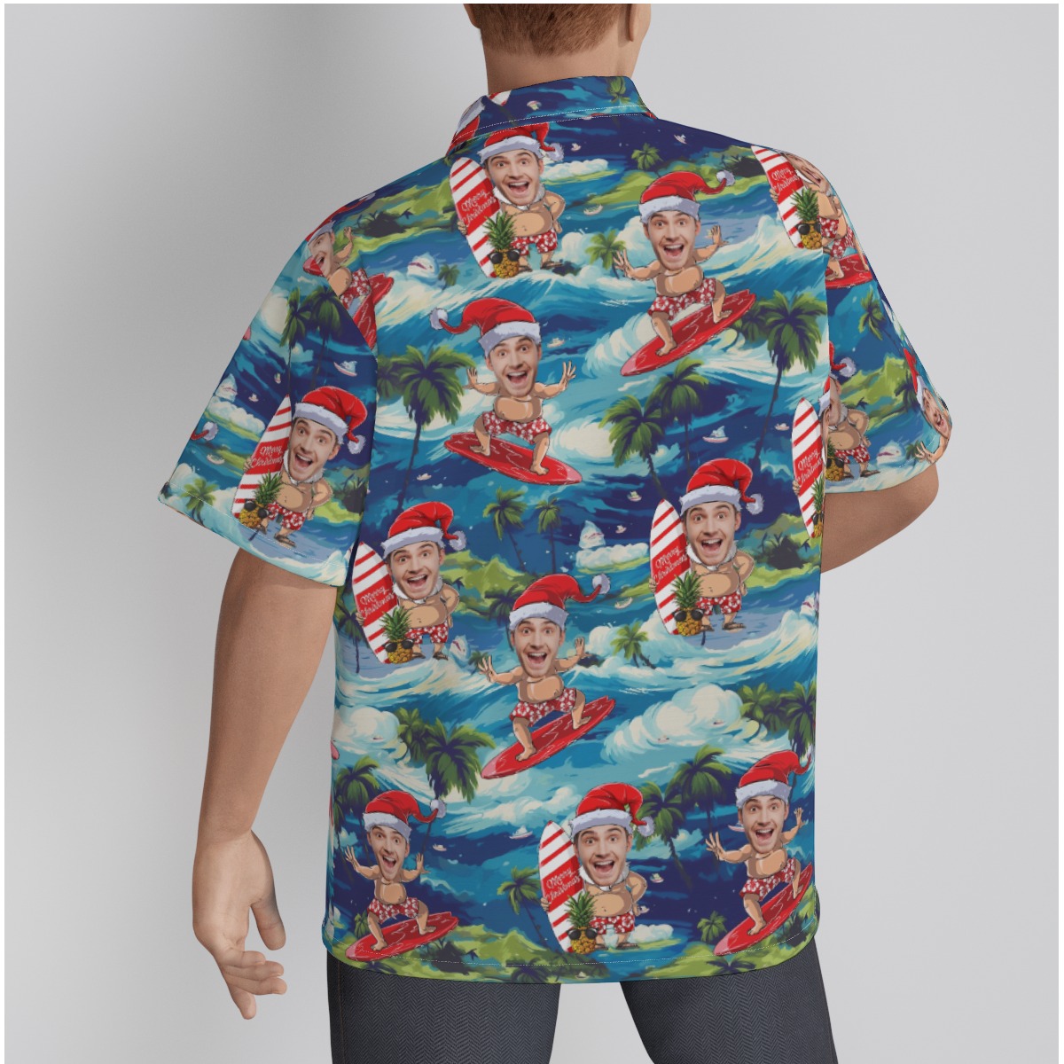Funny Custom Face Santa Surfing Tropical Hawaiian Shirt