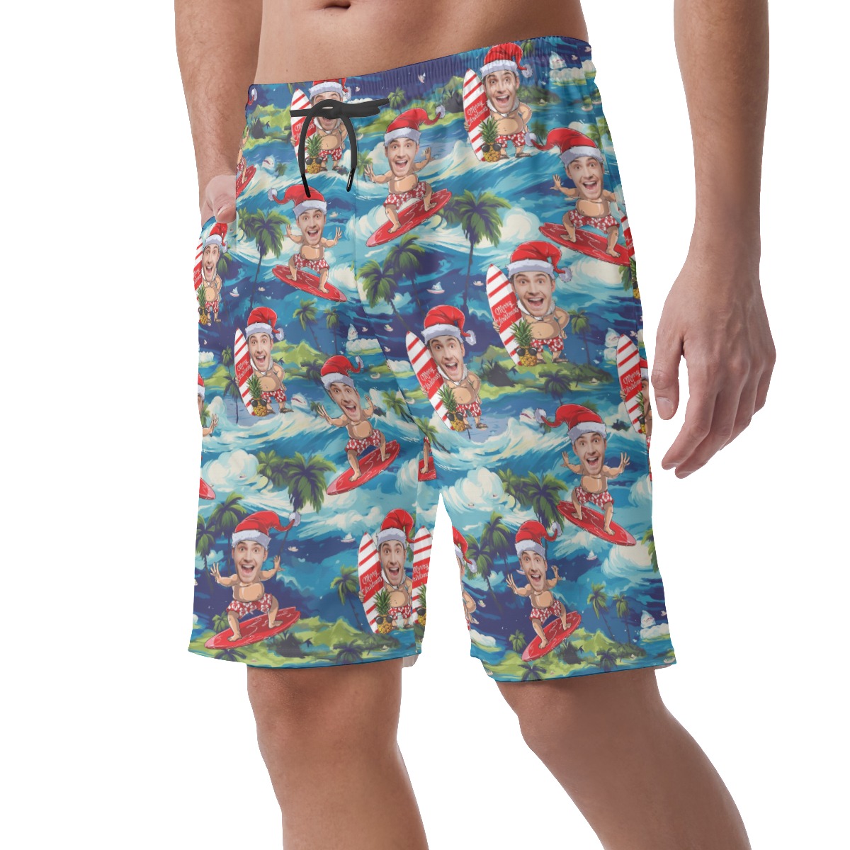 Tropical Santa Surfing Custom Face Tropical Summer Shorts For Men