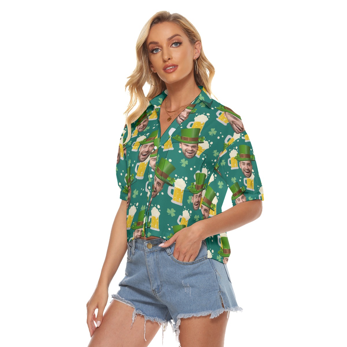 St Patrick Day Custom Face Beer Hawaiian Cropped Shirt For Women