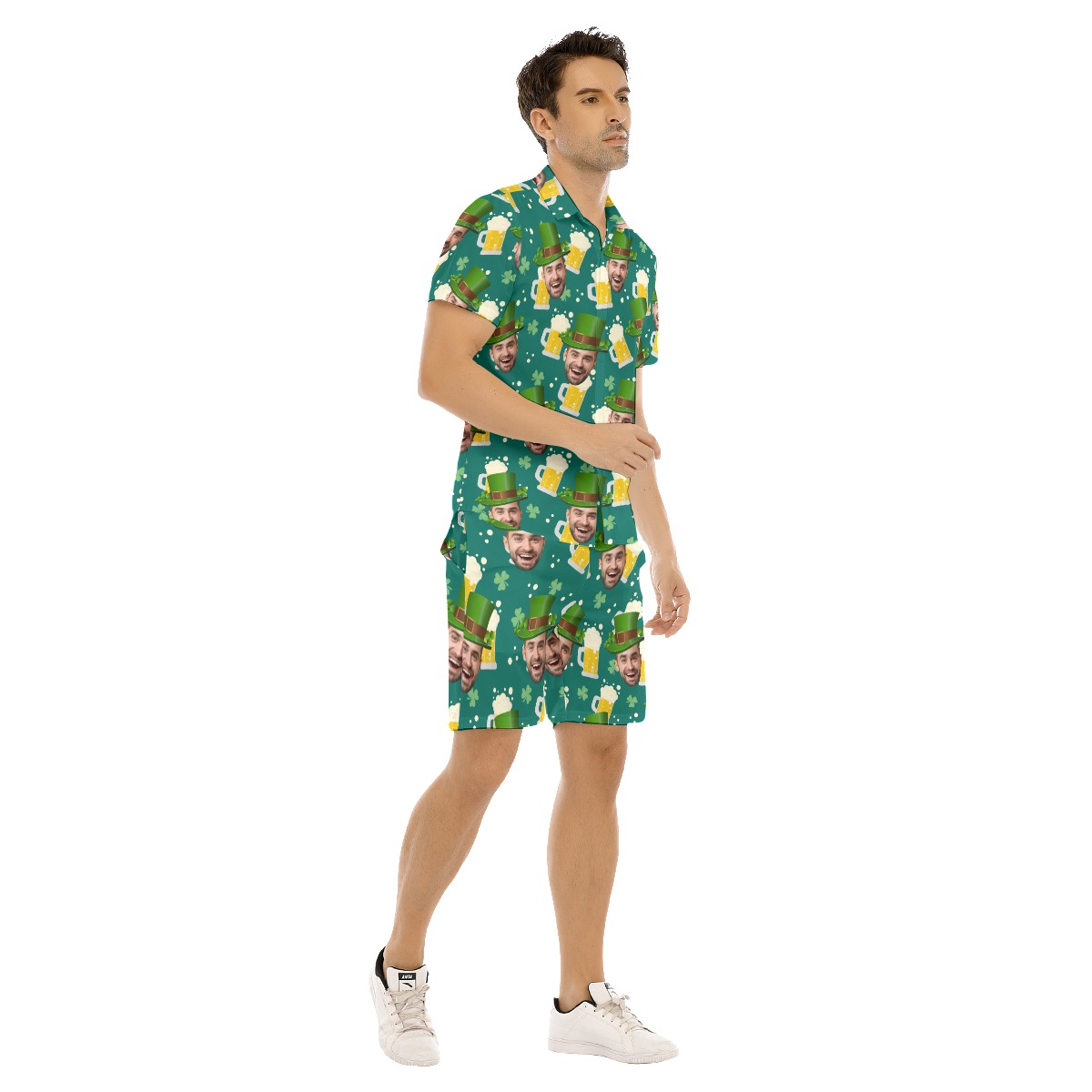 Set Custom Face Green Hawaiian Shirt And Matching Shorts For Men