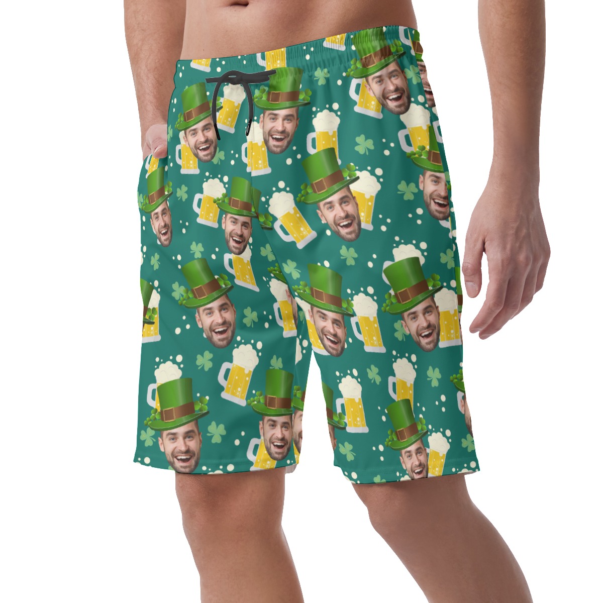 Funny Custom Face Beer Green Hawaiian Beach Shorts For Men