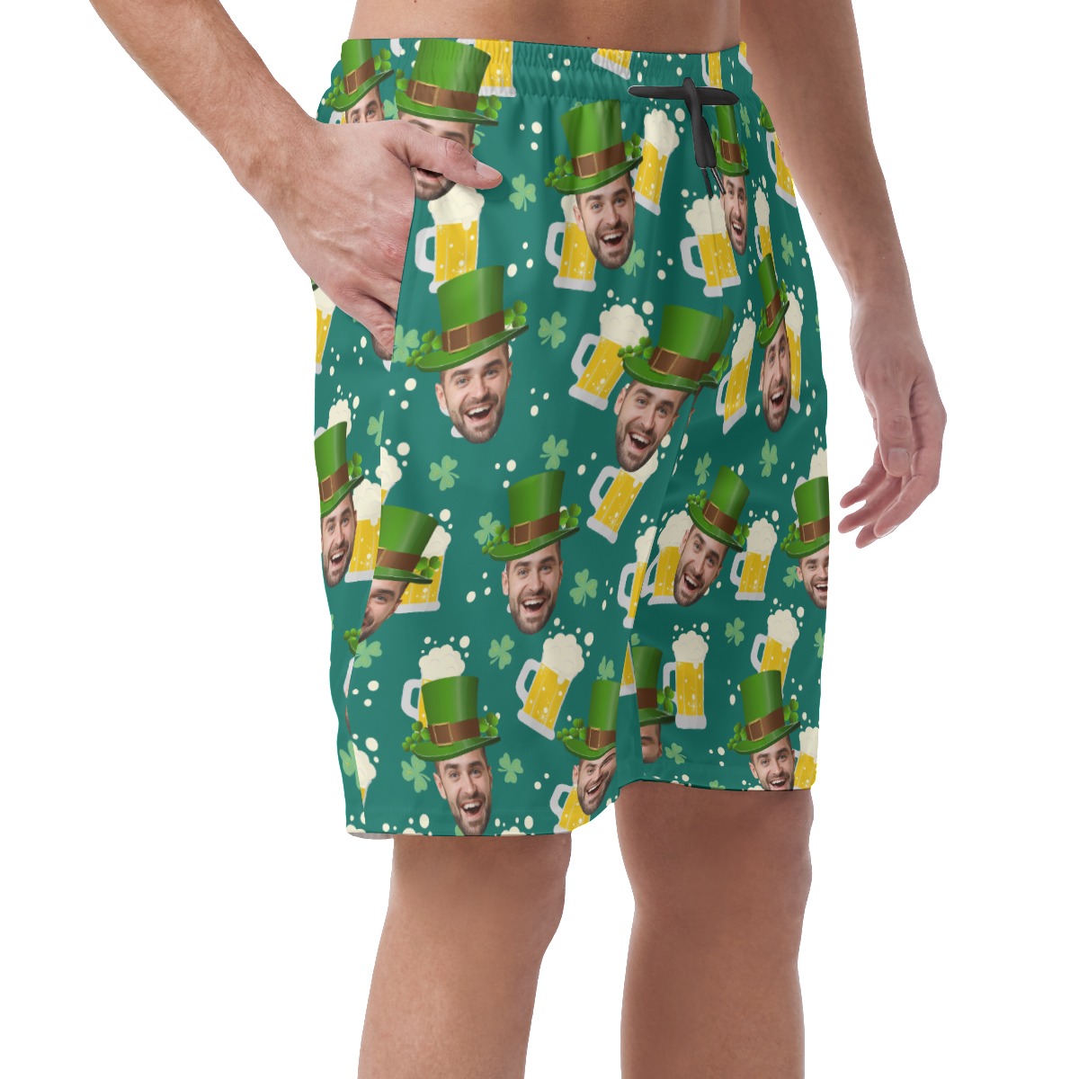 Funny Custom Face Beer Green Hawaiian Beach Shorts For Men