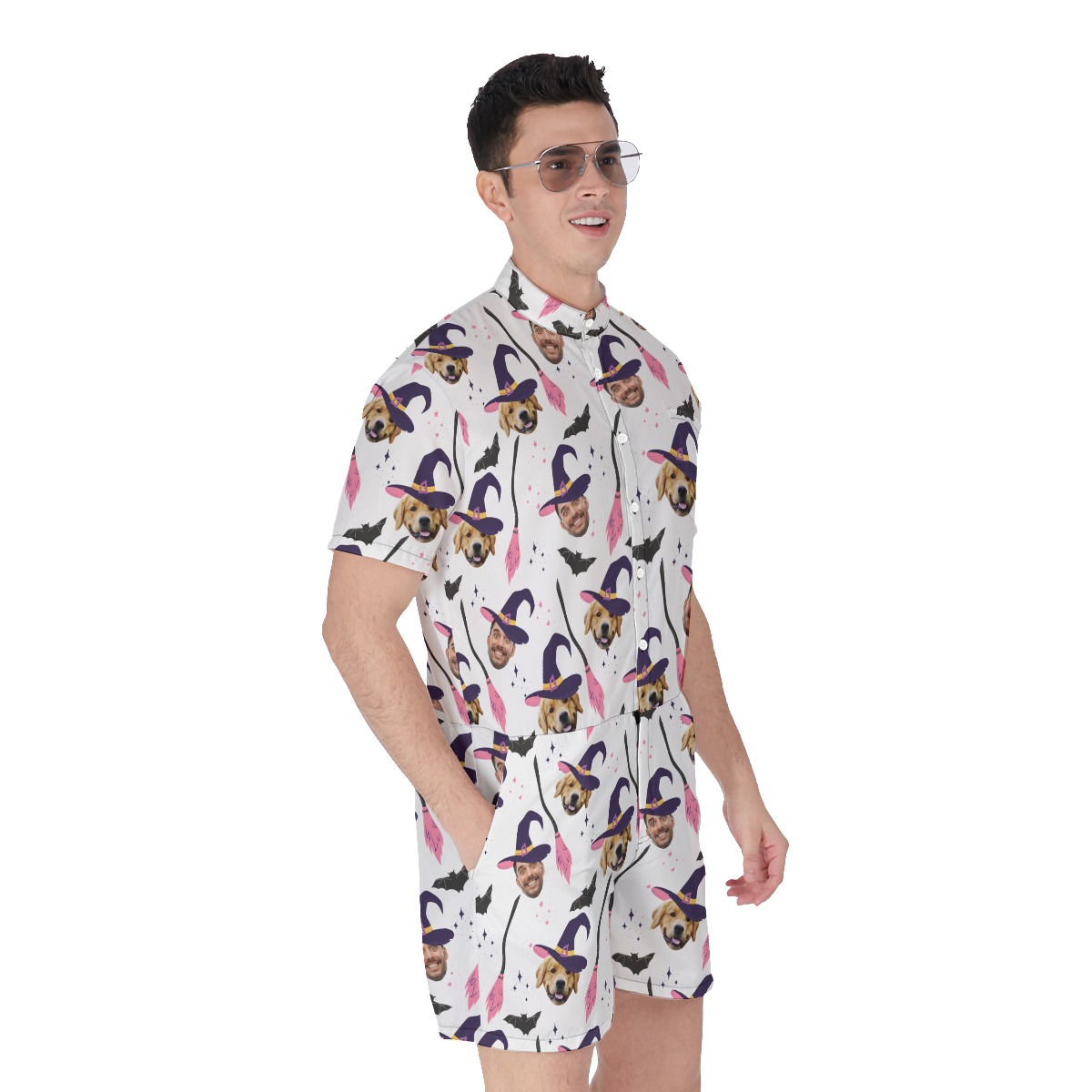 Custom Witches Face Halloween Hawaiian Romper For Men