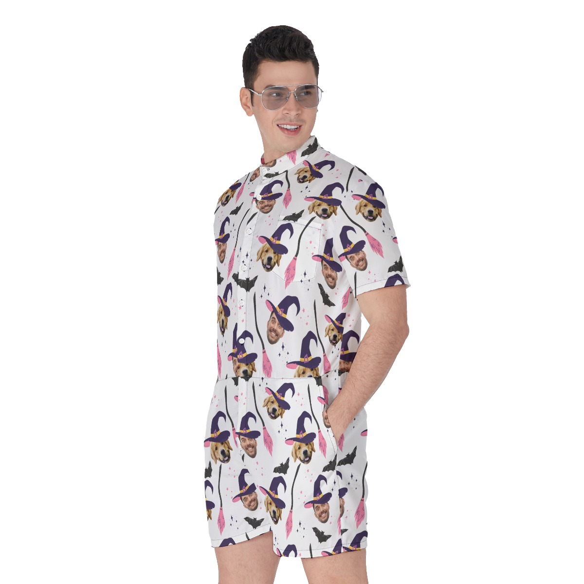 Custom Witches Face Halloween Hawaiian Romper For Men
