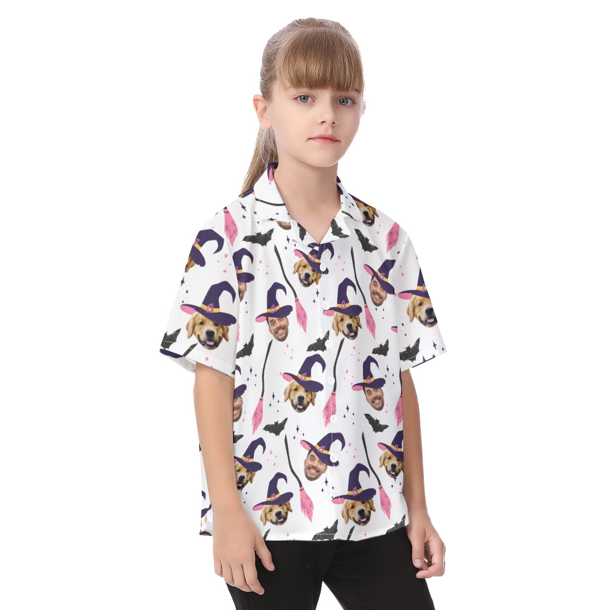 Funny Custom Face And Pet Halloween Witches Hawaiian Shirt For Kids