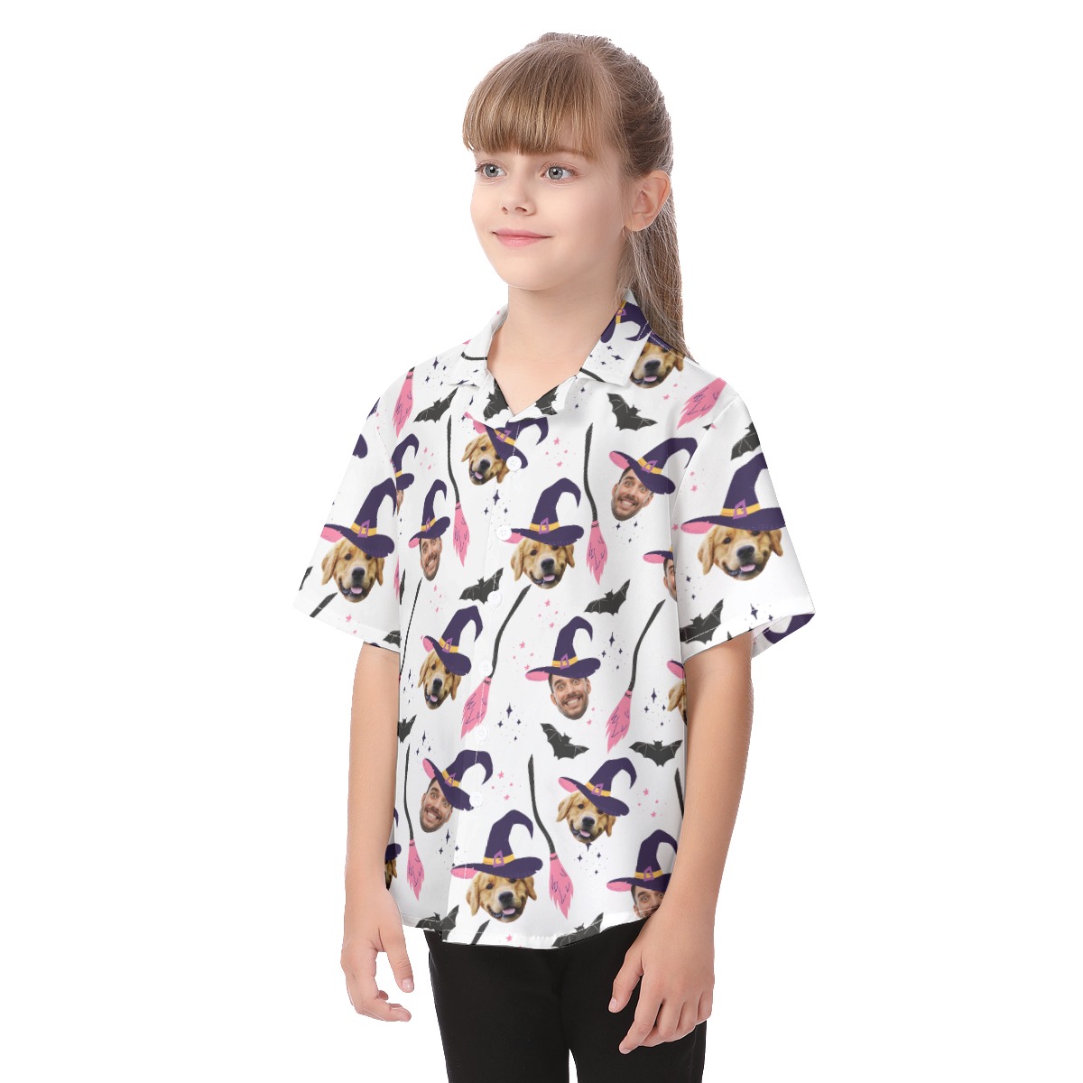 Funny Custom Face And Pet Halloween Witches Hawaiian Shirt For Kids