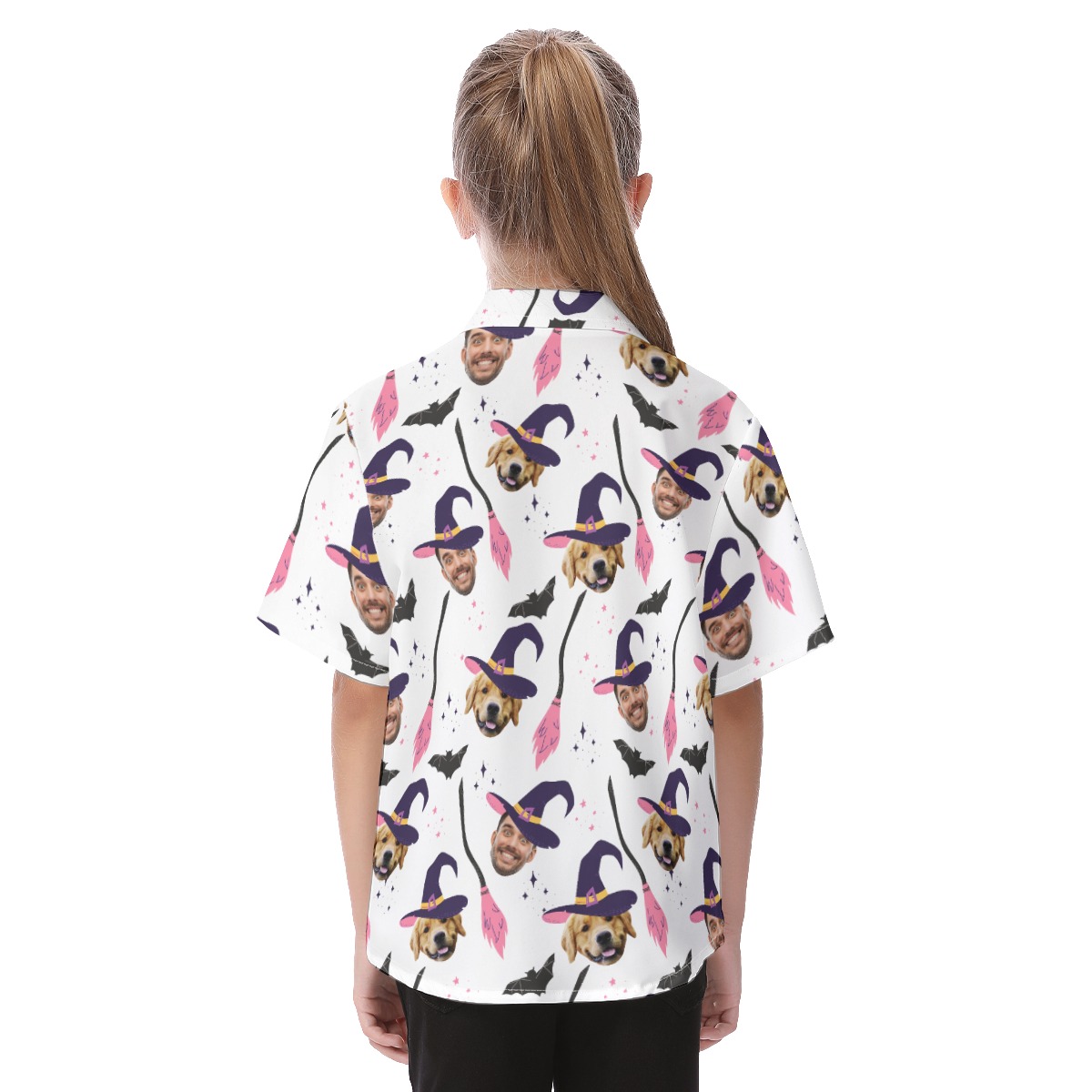 Funny Custom Face And Pet Halloween Witches Hawaiian Shirt For Kids