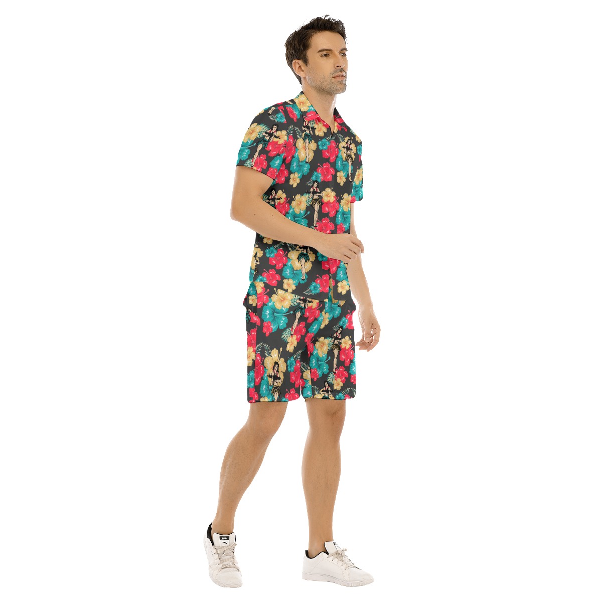 Tropical Hula Girl With Guns Hawaiian Shirt Set For Men
