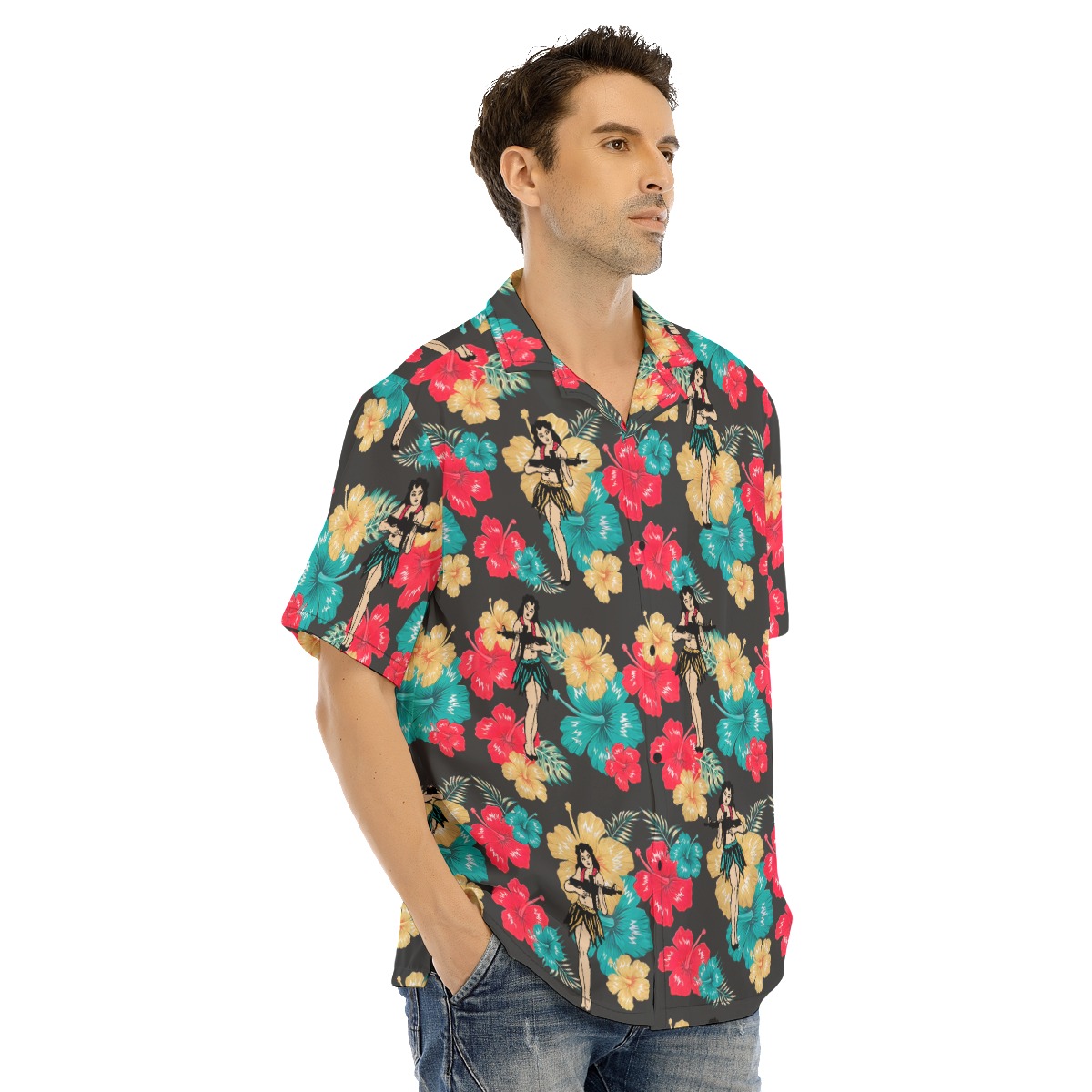 Men's Tactical Hula Girl Button Up Hawaiian Shirt