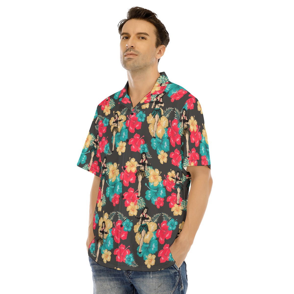 Men's Tactical Hula Girl Button Up Hawaiian Shirt