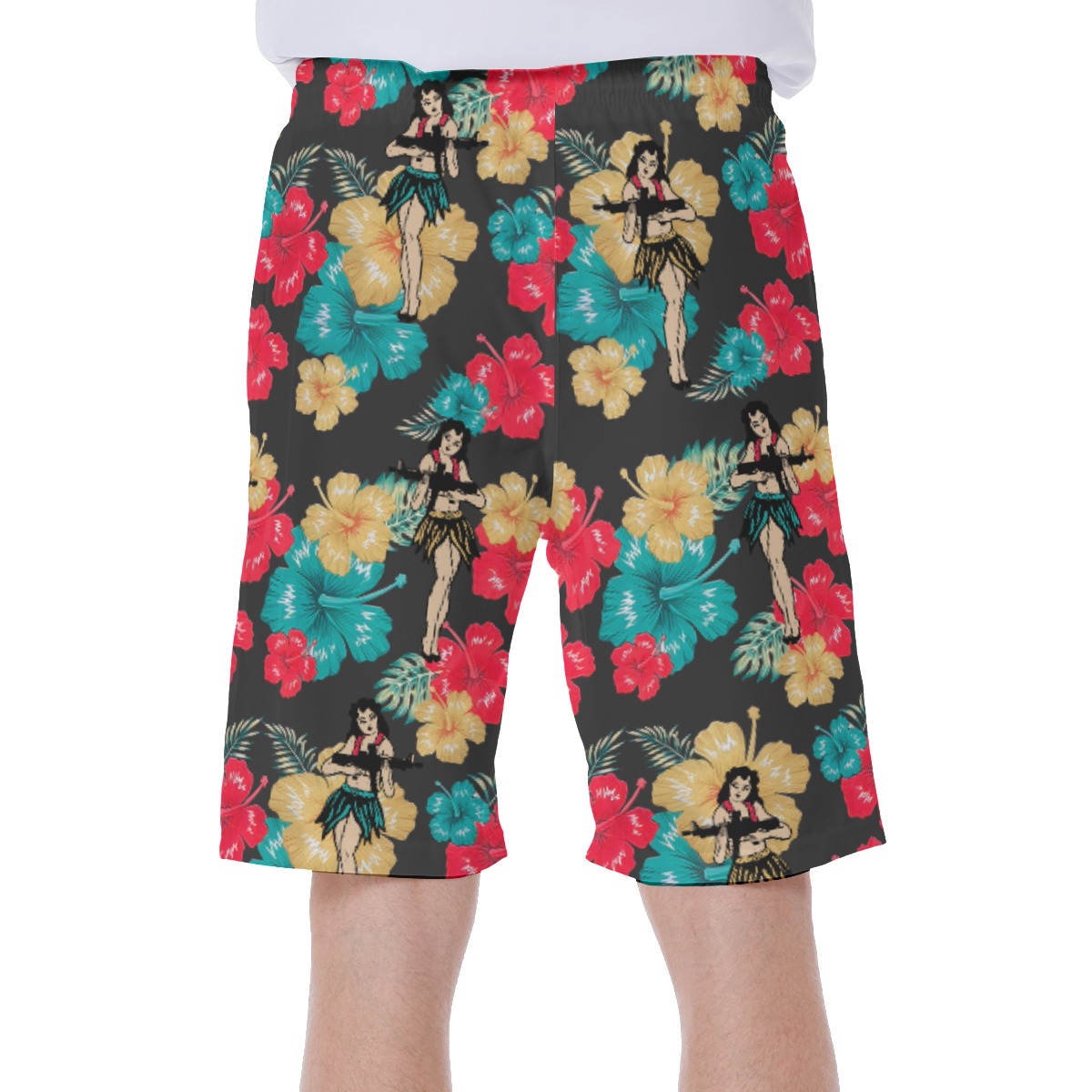 Funny Hula Girl With Gun Hawaiian Swim Trunks For Men