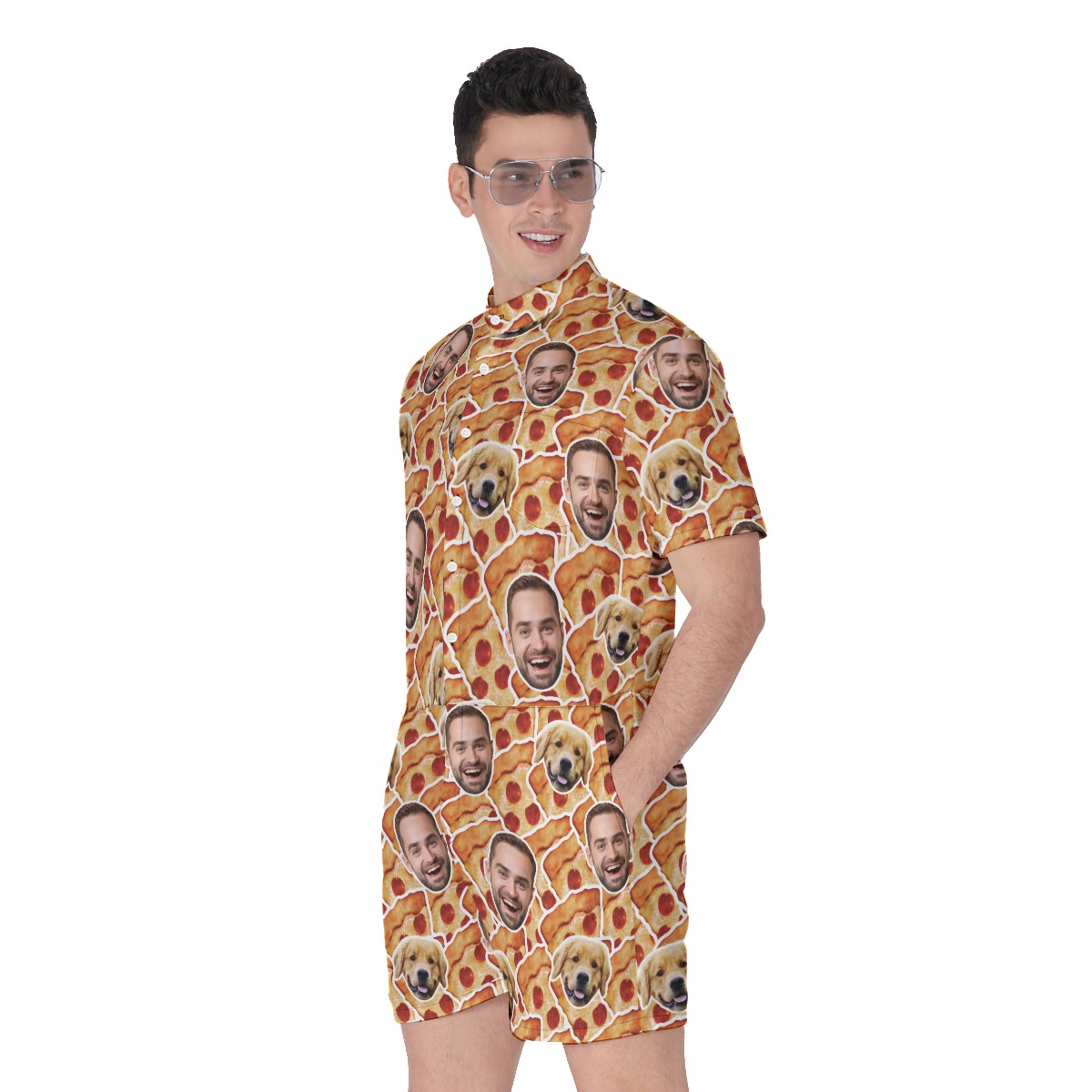 Custom Multiple Faces Pizza Hawaiian Romper For Men