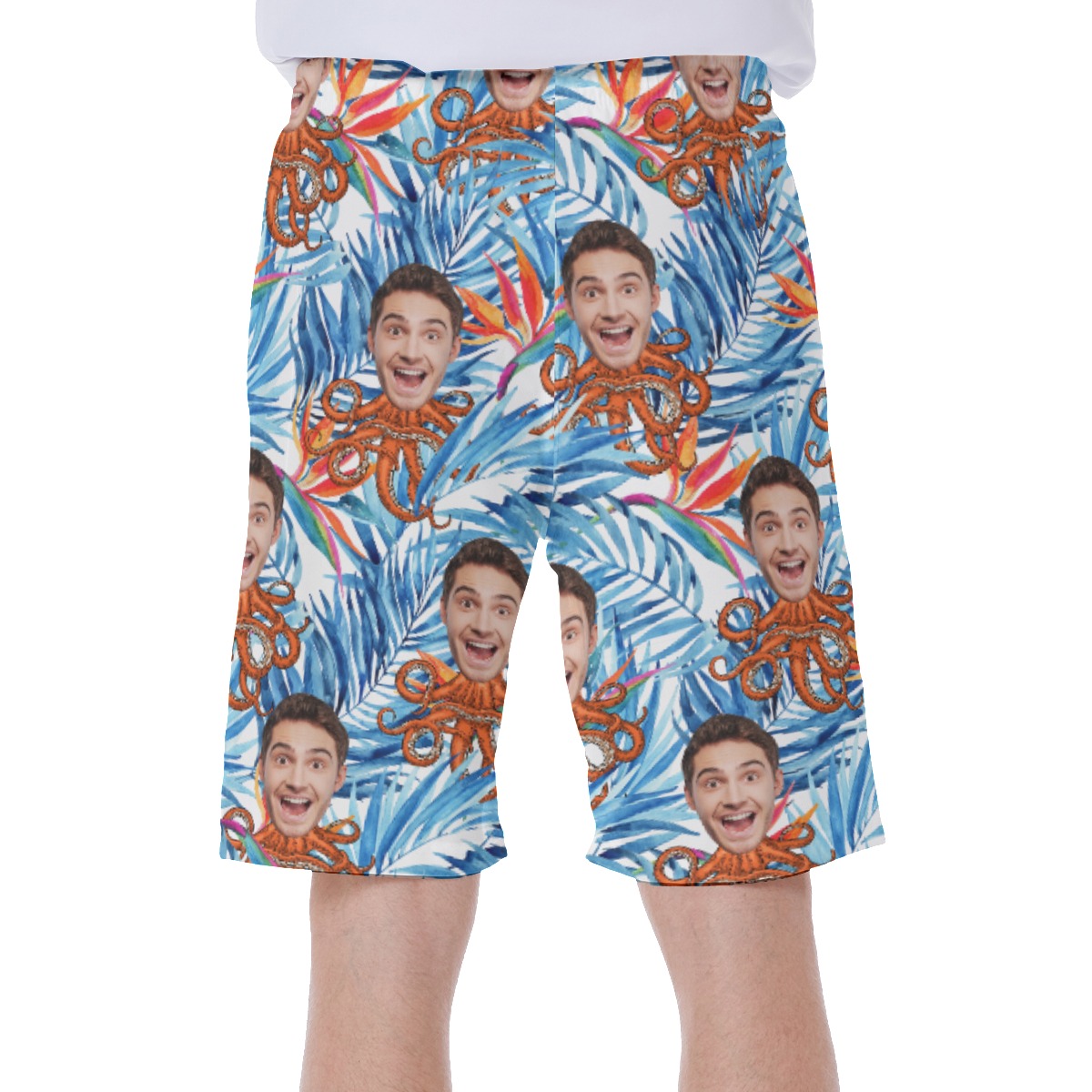 Funny Custom Face Octopus Floral Blue Hawaiian Swim Trunks For Men